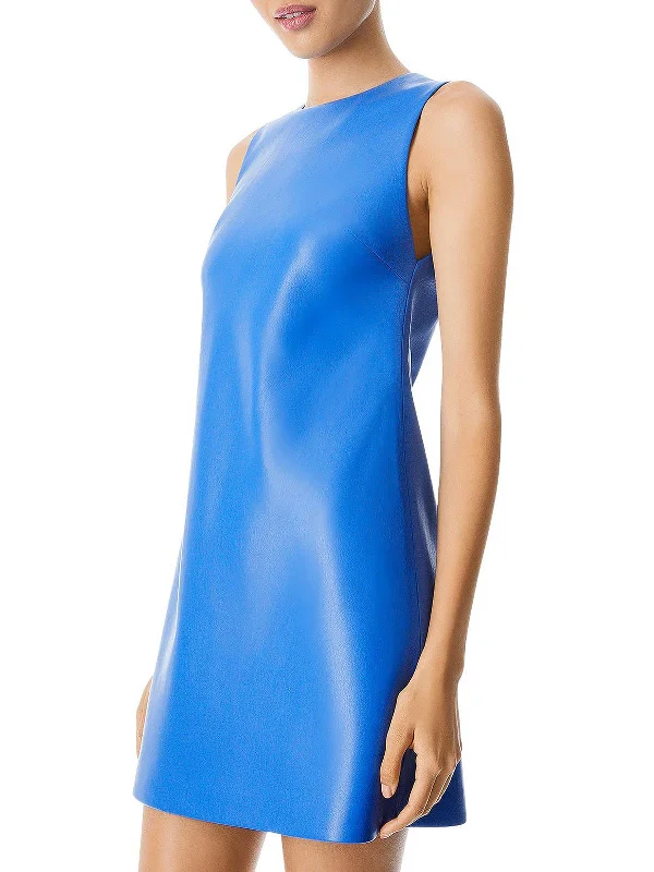 Sleeveless Dress With Spaghetti StrapsColey Womens Faux Leather Sleeveless Fit & Flare Dress