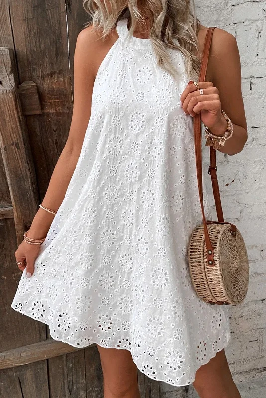 Sleeveless Dress With Geometric PrintsBoho Eyelet Pattern Halter Neck Sleeveless Dress