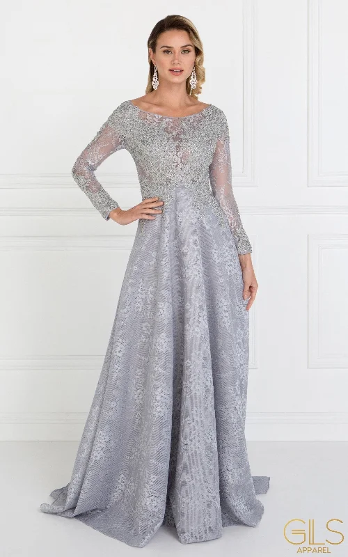 maxi dresses for destination weddingsLong Silver Lace Dress with Lace Sleeves by Elizabeth K GL1537