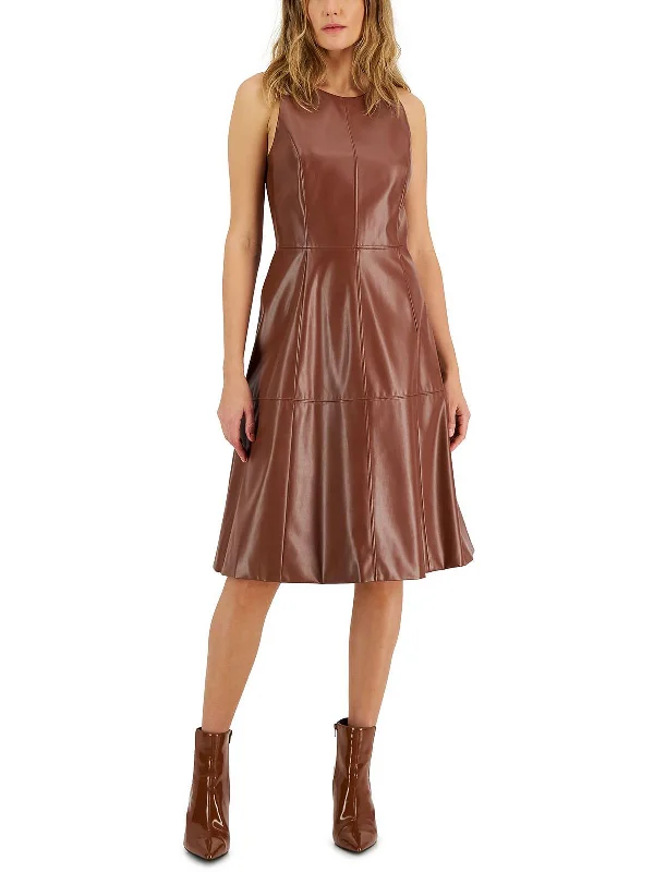 Sleeveless Dress With Cold ShoulderWomens Faux Leather Sleeveless Fit & Flare Dress