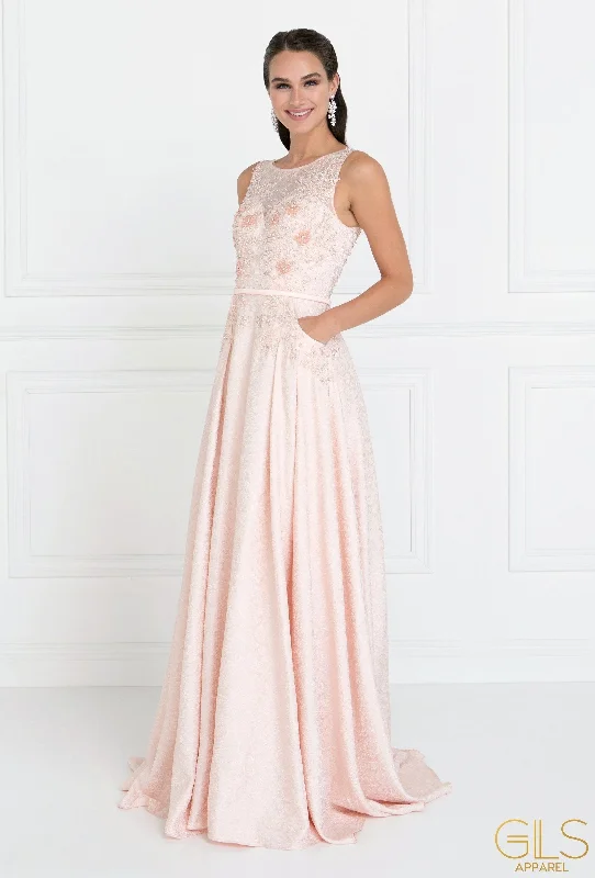 maxi dresses with high slitsBlush Long Lace Bodice Dress with Pockets by Elizabeth K GL1545