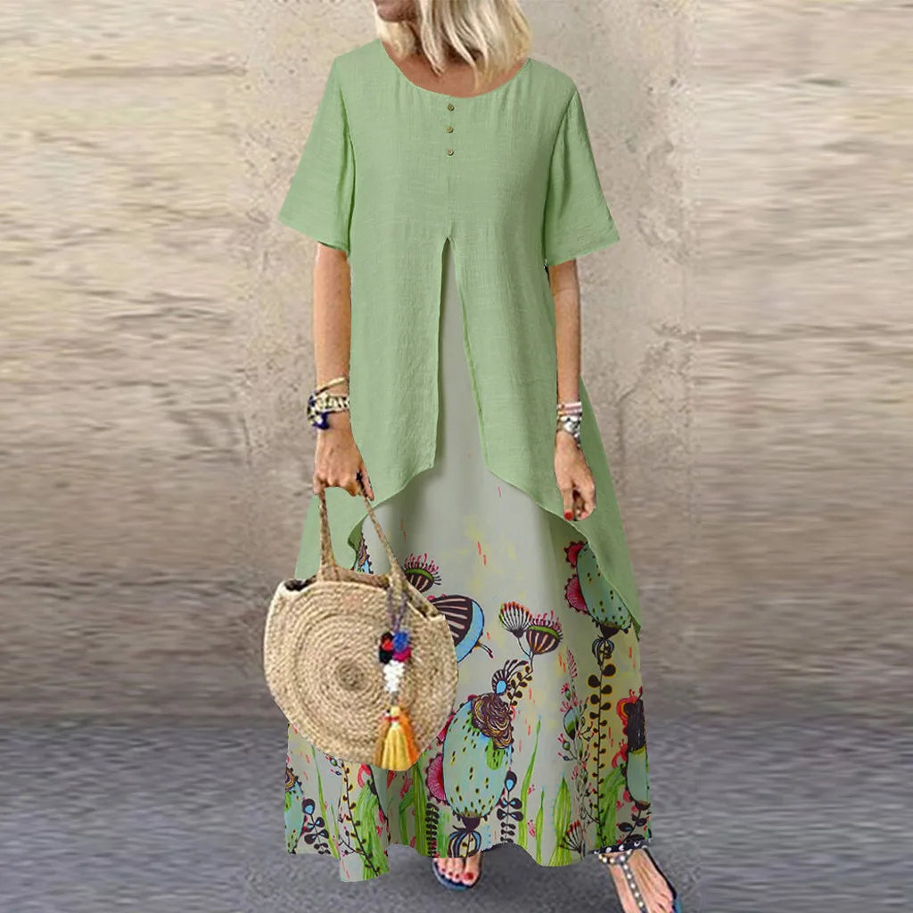 maxi dresses for summerJuliaFashion - Vintage Elegant Fake Two Piece Floral Print Short Sleeve O-Neck Long Loose Beach Vestidos Female Clothing Dress