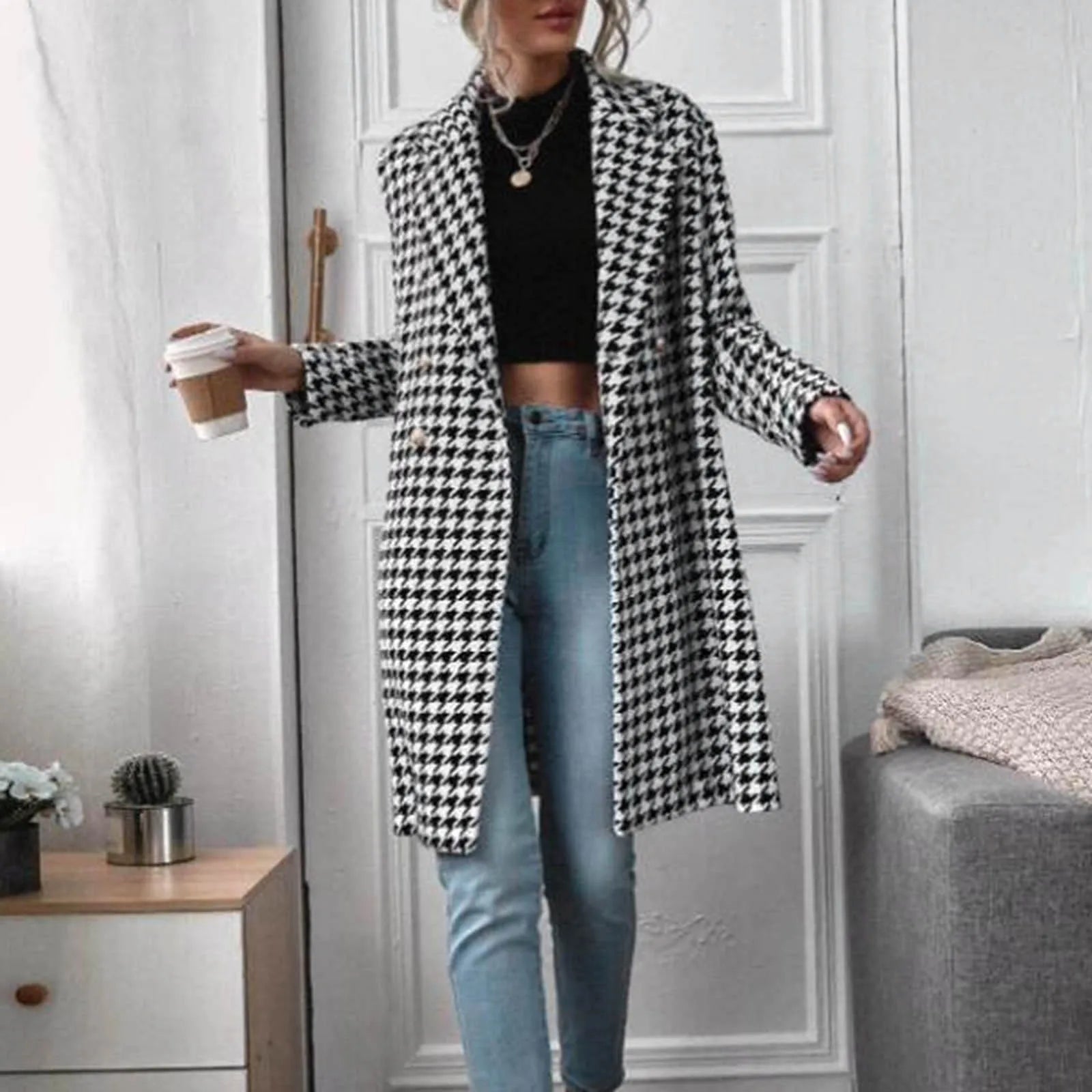 floral maxi dressesJuliaFashion - Wool Blends Houndstooth Long Woolen Jacket 2024 Autumn Winter Fashion Elegant Trench Coat Office Lady Casual Streetwear Dress