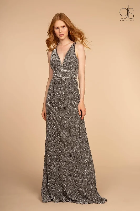 maxi dresses with zippersLong V-Neck Glitter Dress with Beaded Waistbands by Elizabeth K GL2503