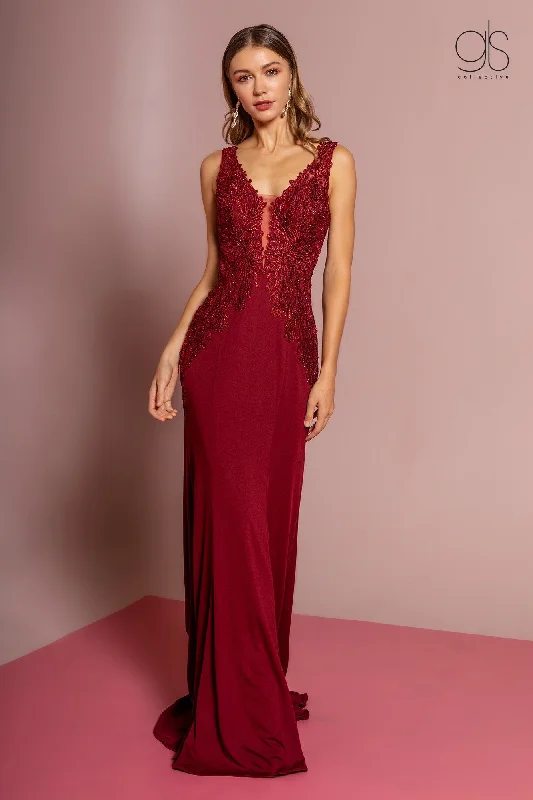 maxi dresses with flutter sleevesLong V-Neck Dress with Embroidered Bodice by Elizabeth K GL2614