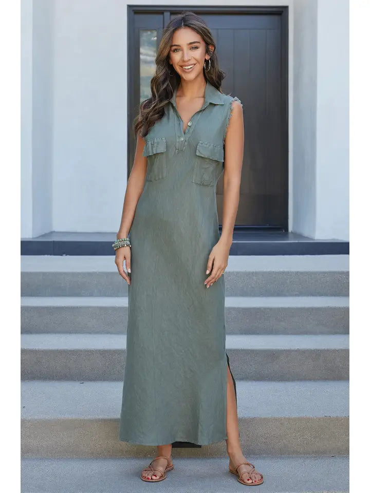 Sleeveless Dress In DenimLINEN SLEEVELESS DRESS