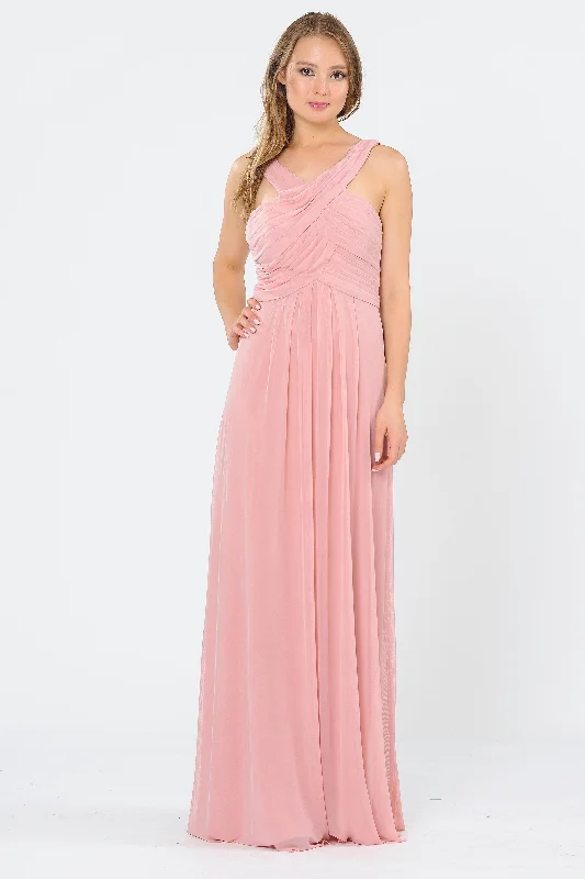 maxi dresses with front pocketsLong A-line Dress with Pleated Bodice by Poly USA 8554