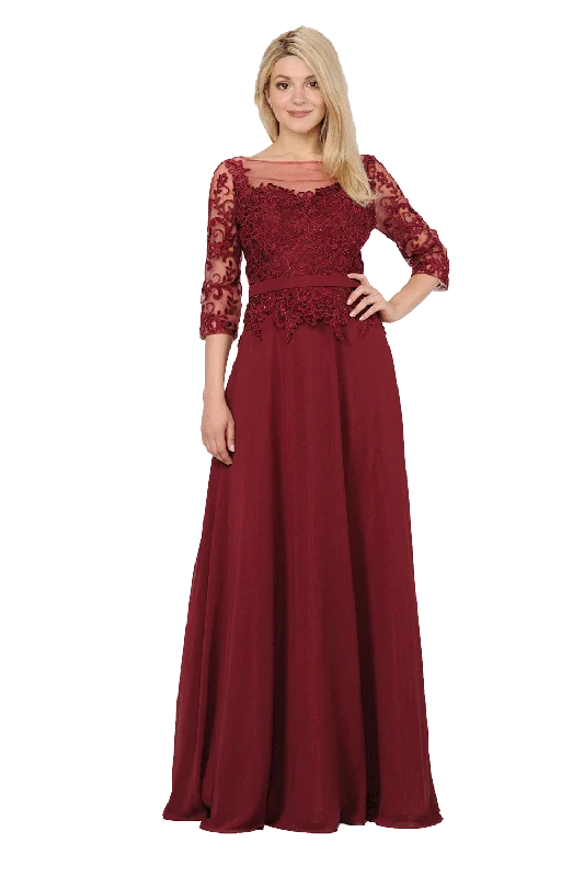 maxi dresses for day-to-night wearLong Chiffon Dress with Sheer Lace Sleeves by Poly USA 7598