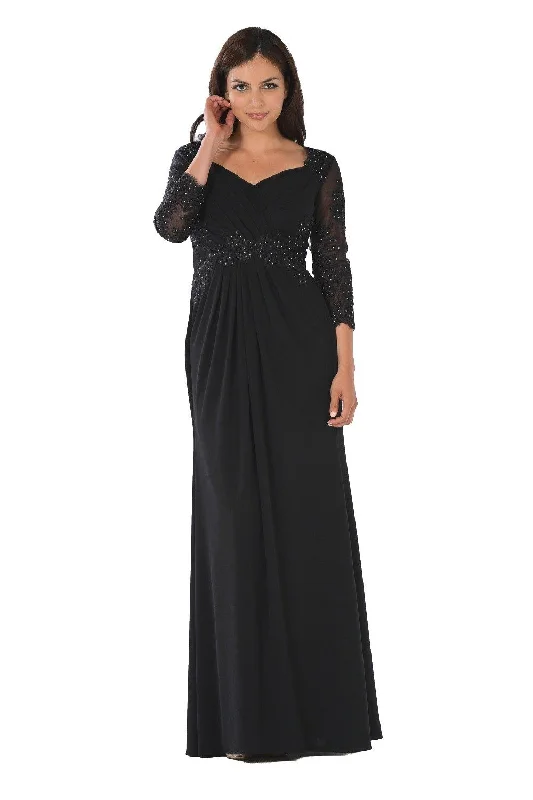 maxi dresses for boat ridesLong Lace Applique Pleated Dress with Sleeves by Poly USA 7812