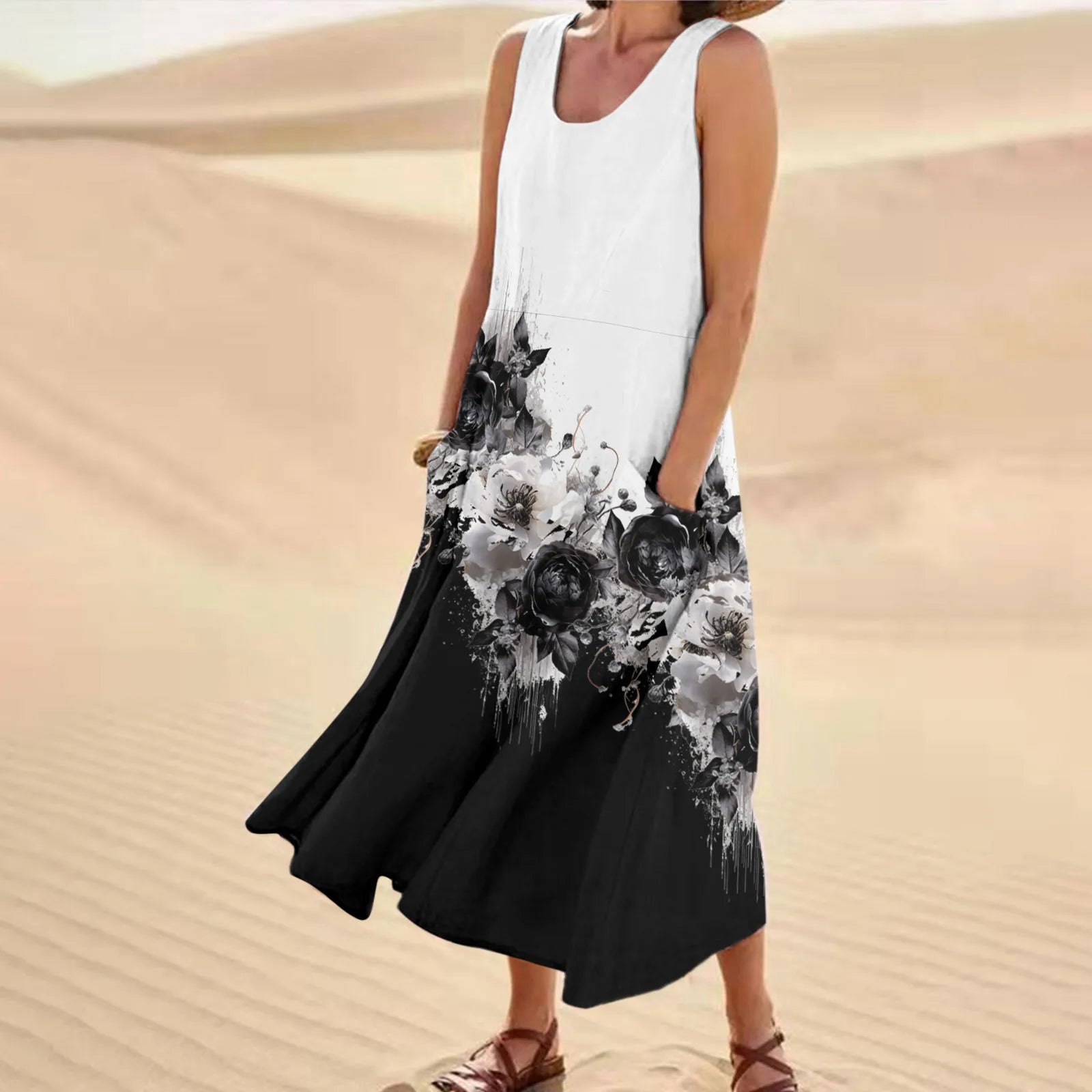 maxi dresses for day-to-night wearJuliaFashion - 2024 Women Summer Sleeveless Casual Floral Printed Pocket Beach Vacation Long Loose SunHoliday Dress