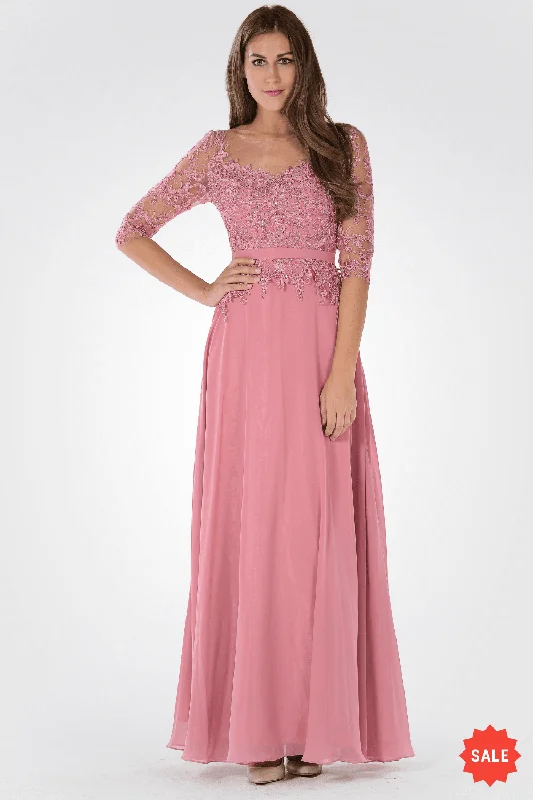 maxi dresses with pocketsLong Dress with Illusion Lace Sleeves by Poly USA 7598