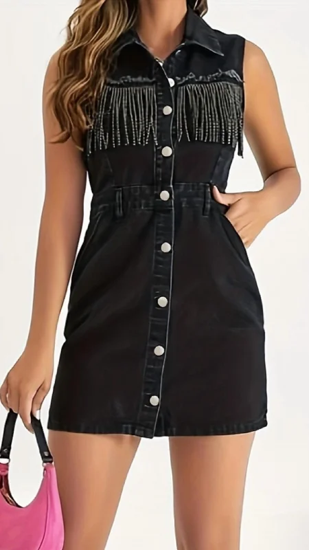 Sleeveless Dress With High-Low HemPocket Rhinestone Fringe Sleeveless Denim Dress In Black