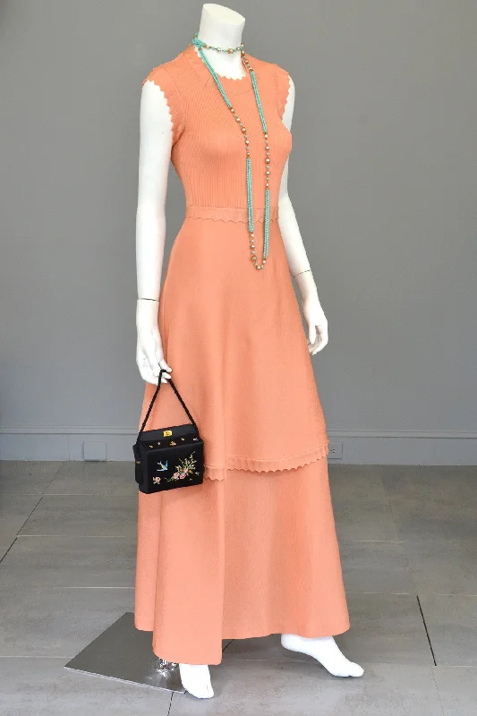 maxi dresses with cap sleeves1970s Light Coral Italian Knit Dress with Long Peplum Skirt