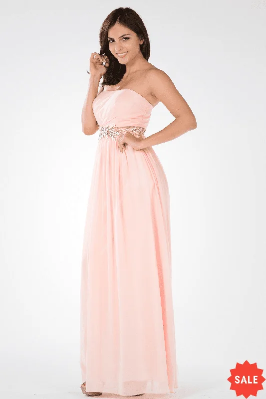 affordable maxi dressesLong Strapless Dress with Embellished Waist by Poly USA 7698