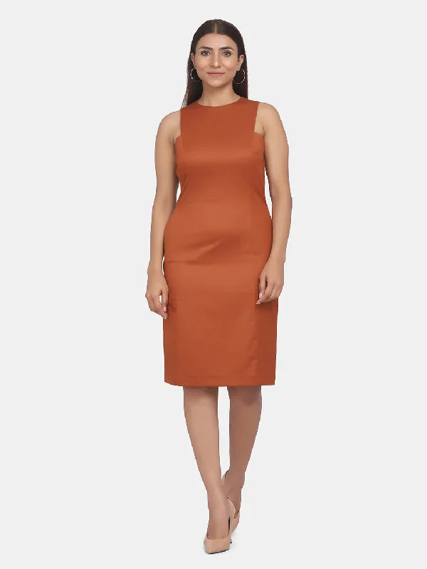 Sleeveless Dress In SilkSleeveless Formal Straight Dress For Work - Burnt Orange