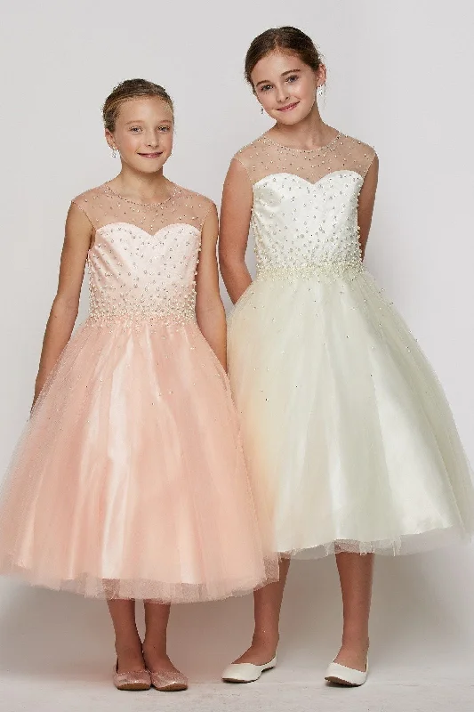 maxi dresses with sweetheart necksGirls Long Pearl Beaded Tulle Dress by Cinderella Couture 5053