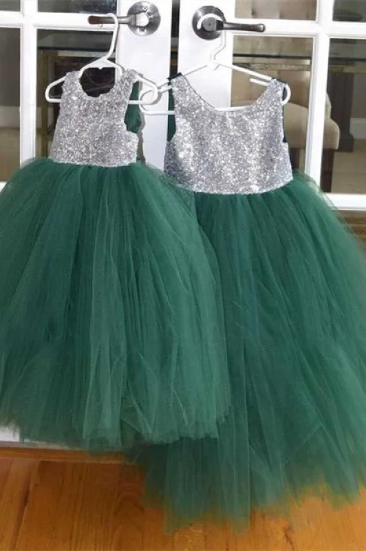 Sleeveless Dress In CottonSilver & Green Sequins Sleeveless Flower Girl Dress