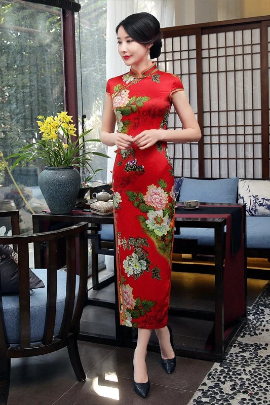 vintage maxi dressesFloral Print Long Qipao Dress