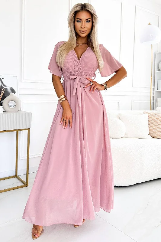 maxi dresses with thigh-high slitsNumoco Basic 545-1 Long dress with a pleated neckline and ties - powder pink