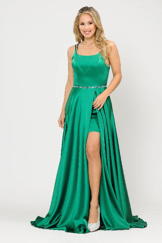 maxi dresses for formal eventsLong A-line Satin Dress with Corset Back by Poly USA 8652