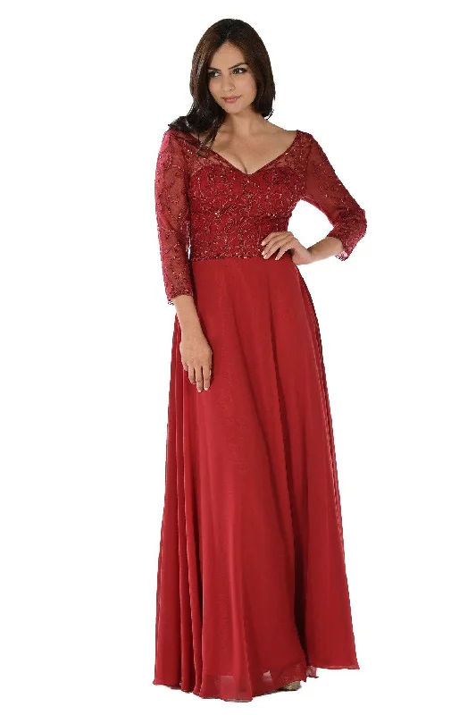 lace maxi dressesEmbroidered Long V-Neck Dress with Sleeves by Poly USA 7808