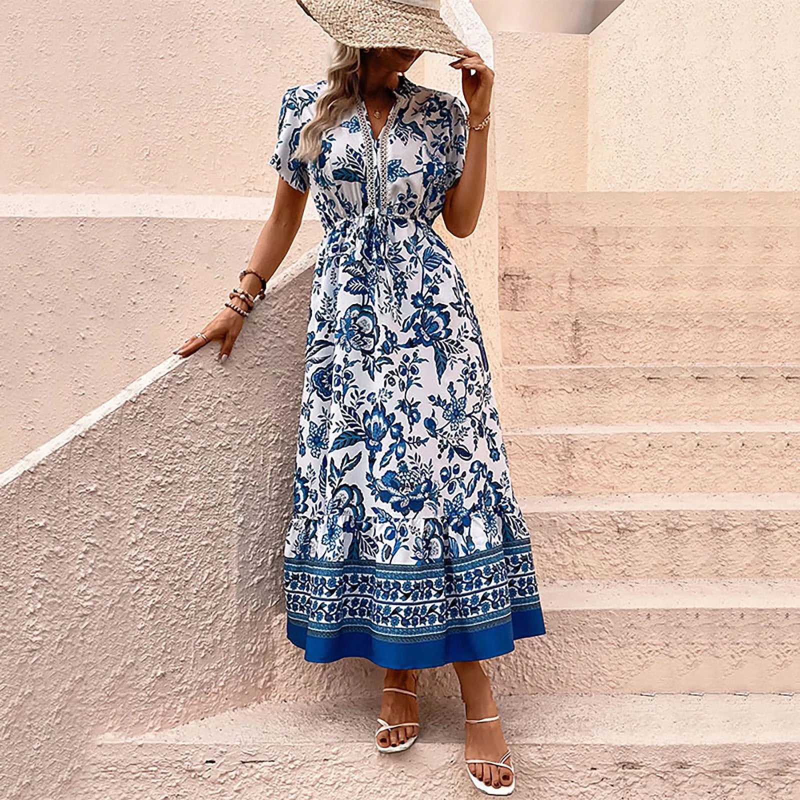 maxi dresses for partiesJuliaFashion - 2024 Women Summer Floral Prints V Neck A Line Elegant Long Boho Casual Sun Dress