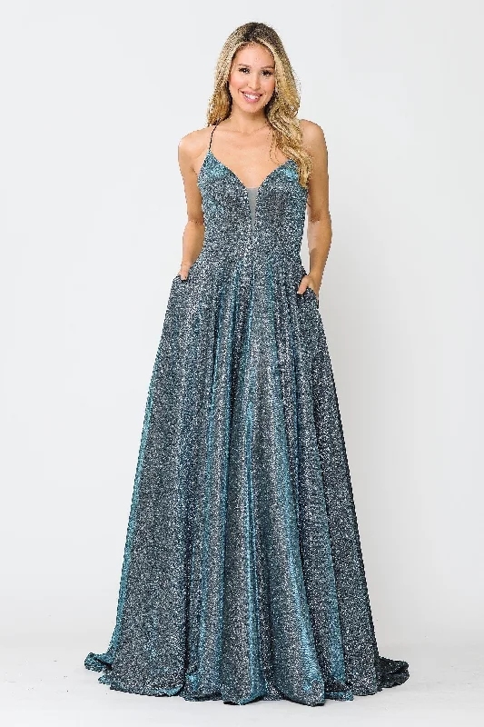 maxi dresses with cap sleevesLong V-Neck Glitter Dress with Corset Back by Poly USA 8556