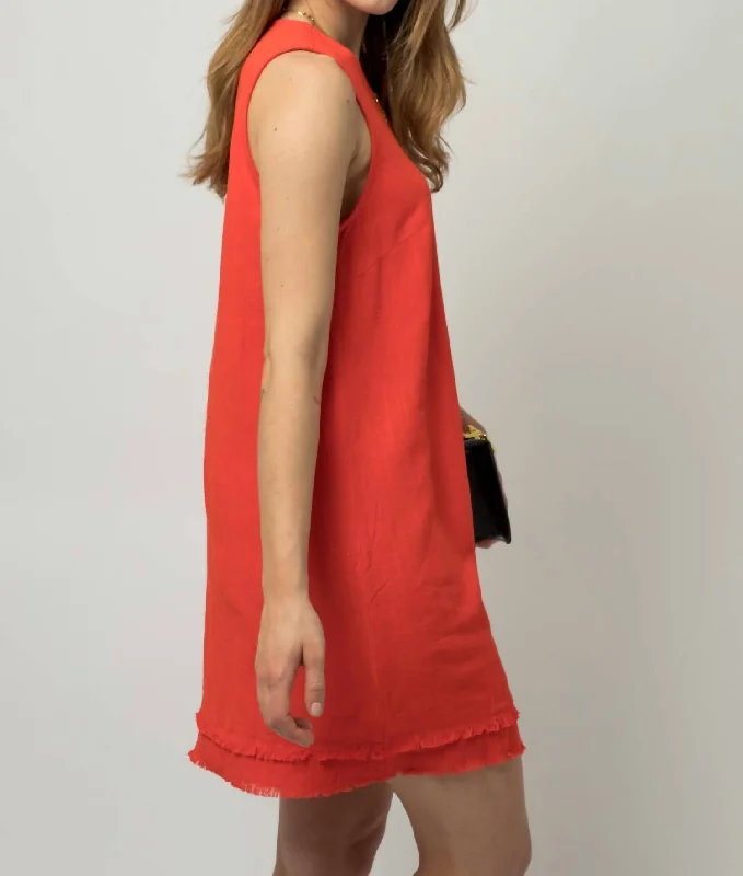 Sleeveless Dress ElegantThe Virginia Double Frayed Sleeveless Linen Shift Dress In Tomato