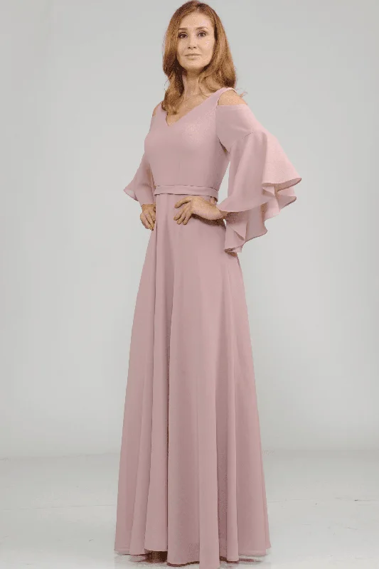 maxi dresses for yoga and meditationLong Cold Shoulder Dress with Bell Sleeves by Poly USA 8300