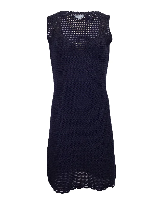 Sleeveless Dress With Keyhole BackPrada Sleeveless Crochet Dress in Navy Blue Cotton Wool