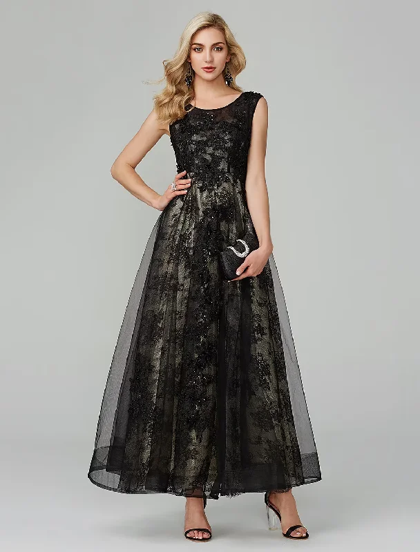 Sleeveless Dress With Sheath CutA-Line Open Back Dress Holiday Floor Length Sleeveless Jewel Neck Tulle with Appliques