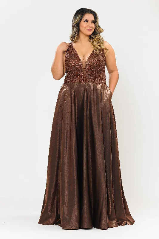 maxi dresses with appliquésPlus Size Long Embroidered Bodice Satin Dress by Poly USA W1032