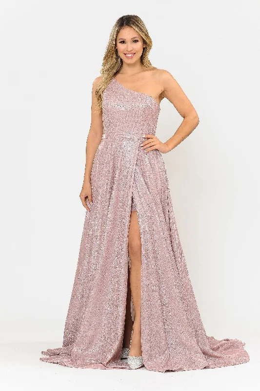 maxi dresses with high necklinesLong Metallic Glitter One Shoulder Dress by Poly USA 8430