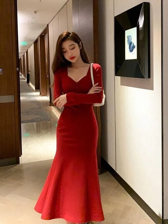 comfortable party dressesRed Long Sleeves Mermaid Evening Dresses Prom Gown Party Gowns Y5618