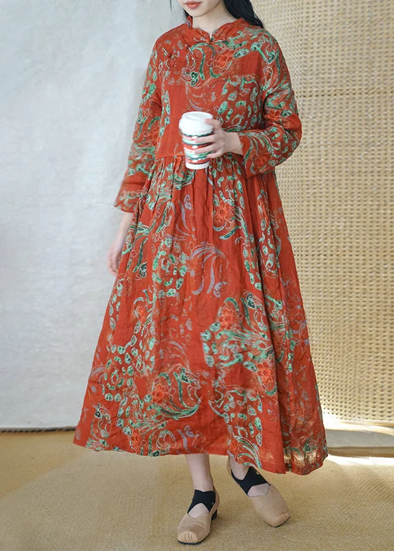 Fancy Long Sleeves Ball GownChinese Style Red Mandarin Collar Cinched Print Linen Dress Long sleeve