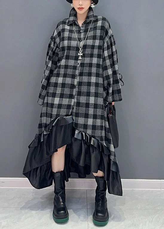 Fitted Formal Long Sleeves DressLoose Plaid Asymmetrical Patchwork Cotton Dress Long Sleeve