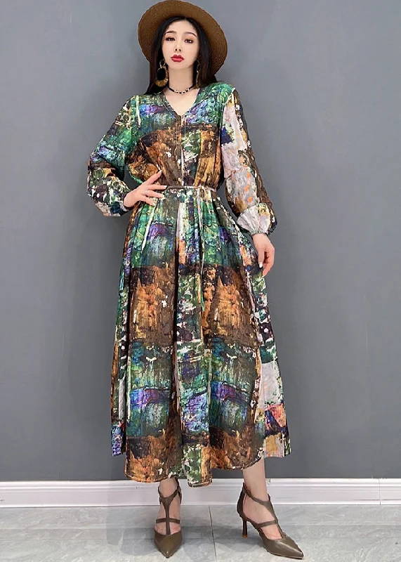 Fabulous Floral Long Sleeves DressPlus Size Colorblock V Neck Print Tie Waist Chiffon Holiday Dress Long Sleeve