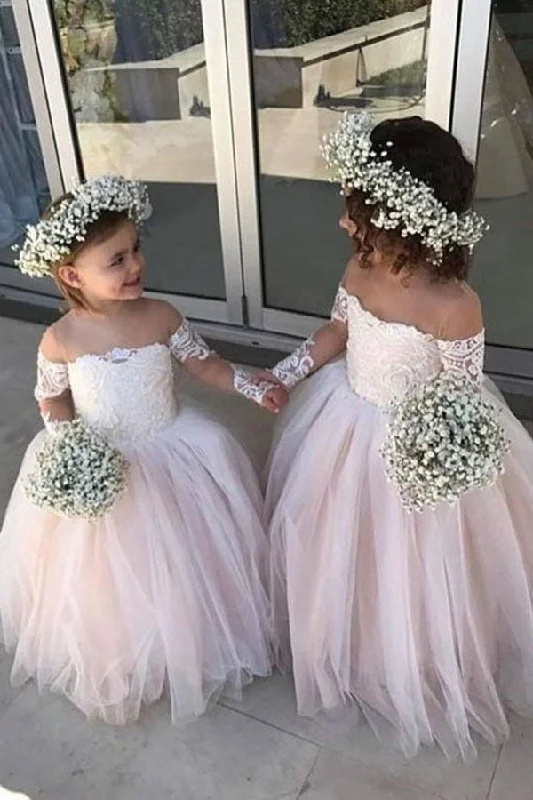 Formal Occasion Long Sleeves DressAdorable Long Sleeve Tulle Lace Appliques Flower Girl Dresses F040