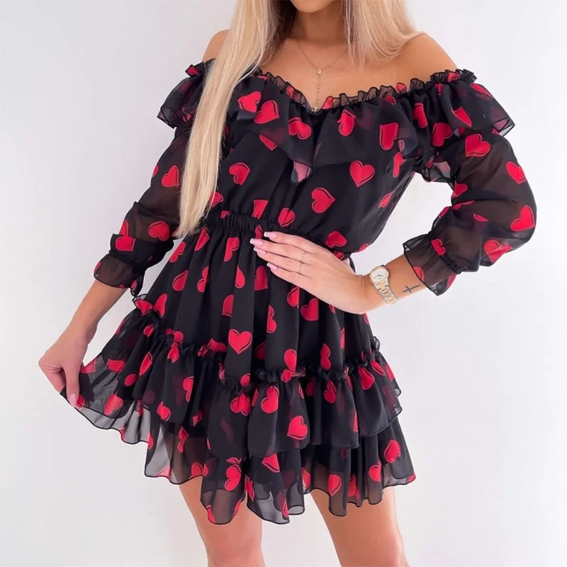 Fun Long Sleeves DressOff Shoulder Ruffles Flower  Long Sleeve Chiffon Dress