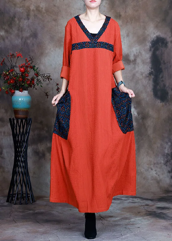 Flirty Long Sleeves DressBoho Orange V Neck Pockets Print  Fall Long sleeve Dresses