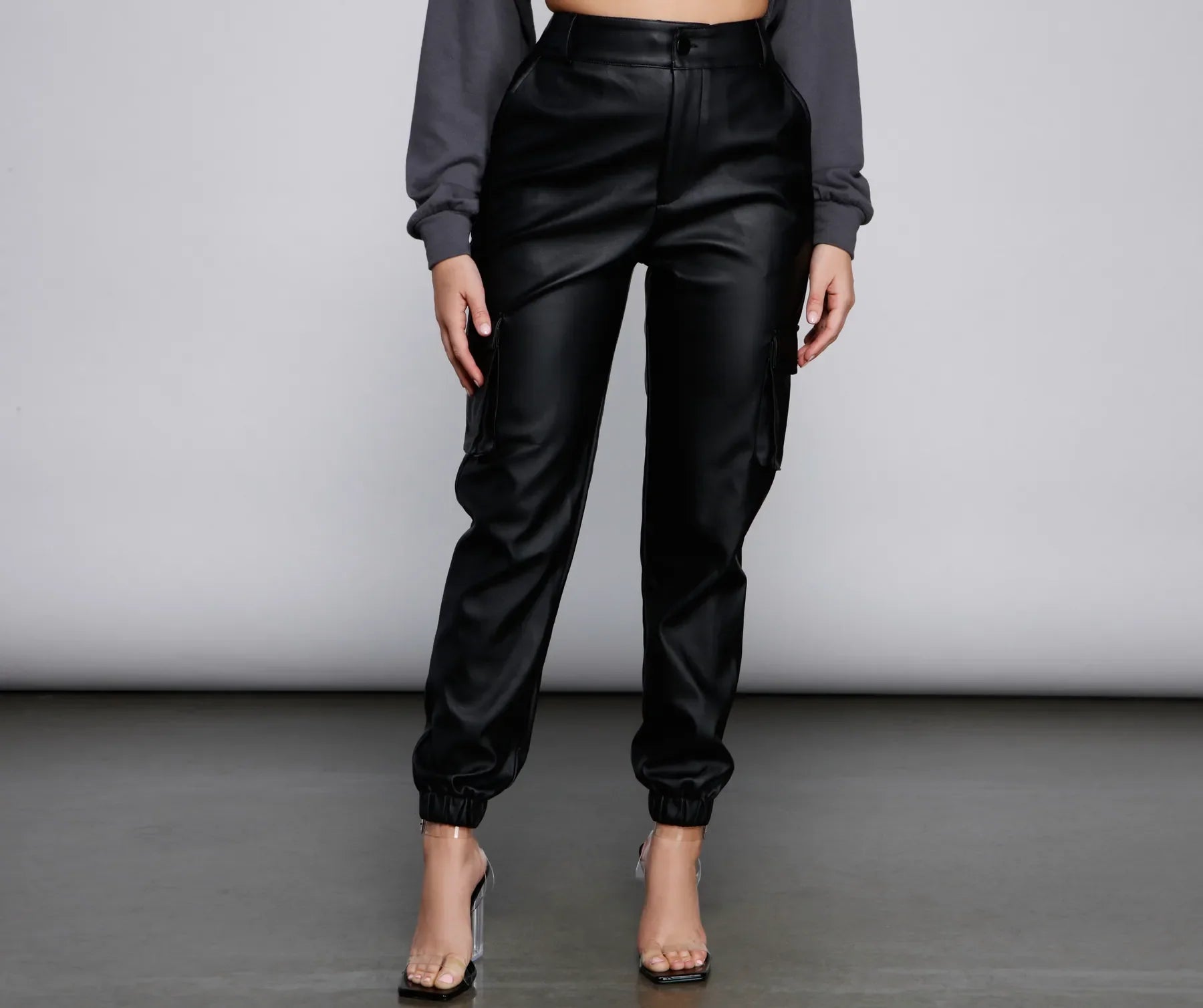 women's high-waisted pantsHigh Waist Faux Leather Cargo Pants