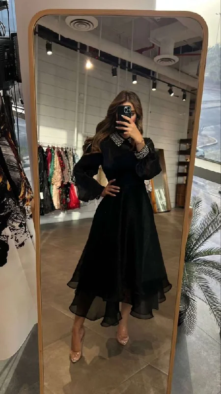 statement-making party dressesElegant Long Sleeves Prom Dress O Neck Tea Length Beaded Black Formal Women Party Gowns Y6260