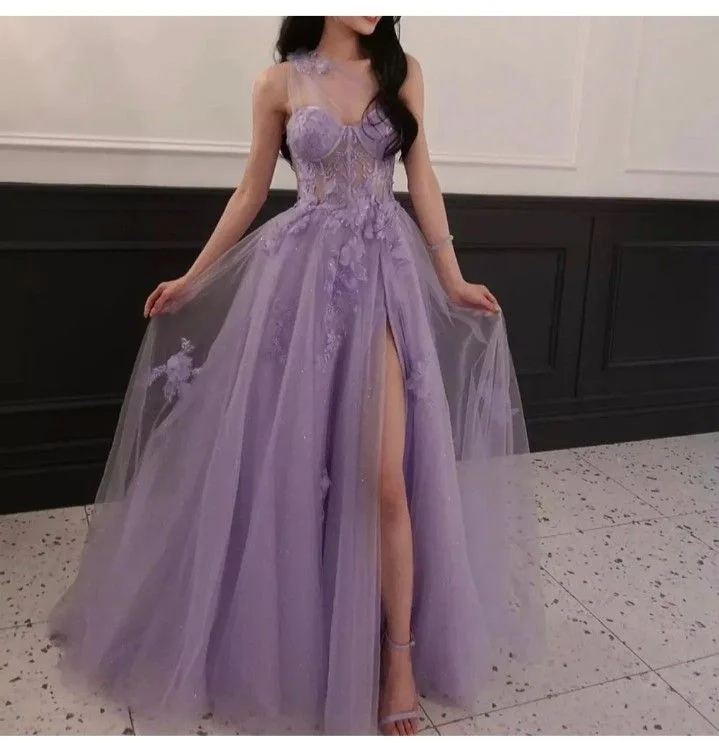 handmade party dressesSweet Light Purple A Line One Shoulder Side Slit Prom Evening Dresses Birthday Party Gowns Y5195