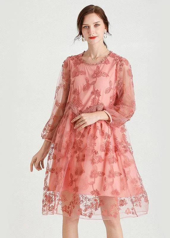 Fitted Formal Long Sleeves DressStyle Pink Patchwork Embroideried Fall Lace Vacation Dress Long Sleeve