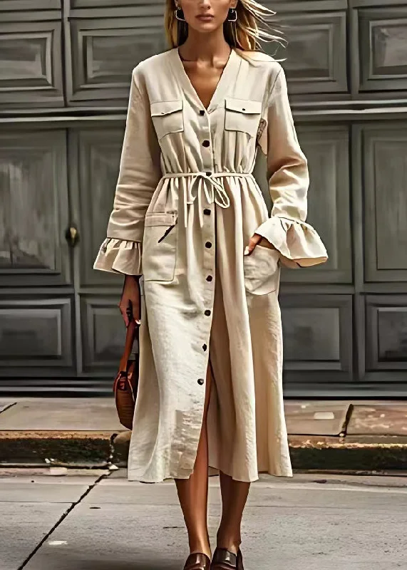 Fitted Formal Long Sleeves DressElegant Beige V Neck Drawstring Pockets Cotton Dresses Long Sleeve