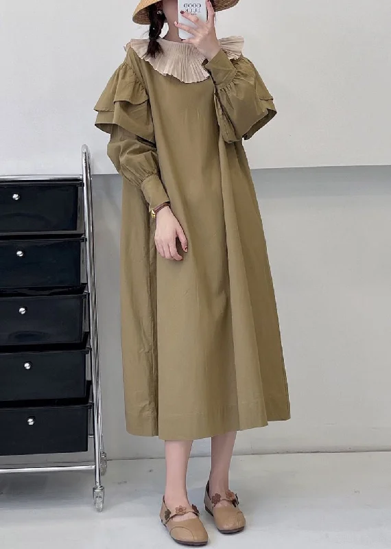 Fancy Long Sleeves Satin Slip DressLoose Khaki Ruffled Tie Waist Cotton Dress Long Sleeve