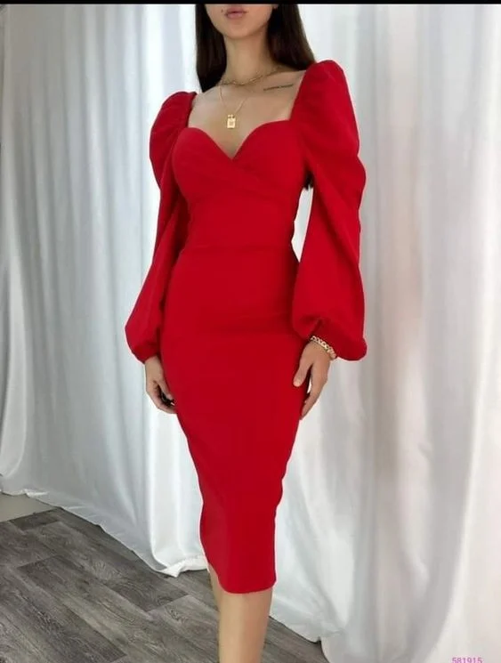 flowy party dressesVintage Red Long Sleeves Prom Dress,Red Party Gown Y6570