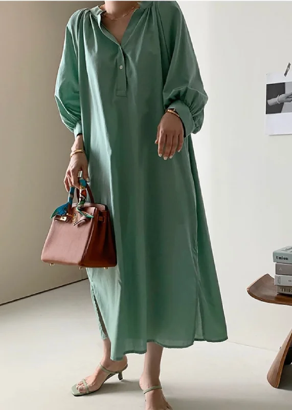 Formal Occasion Long Sleeves DressGreen Patchwork Cotton Dress Wrinkled Stand Collar Long Sleeve