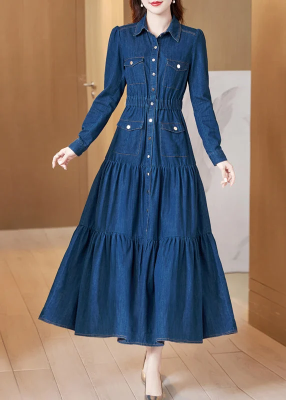 Formal Long Sleeves Sheath DressClassy Blue Peter Pan Collar Wrinkled Patchwork Denim Dress Long Sleeve