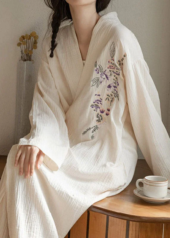 Flowery Lace Long Sleeves DressStyle White Embroideried Lace Up Patchwork Cotton Dress Long Sleeve